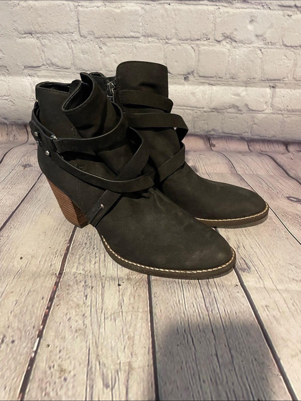 Sam Edelman Black Suede Wrapped-Strap Ankle Boots • 7.5